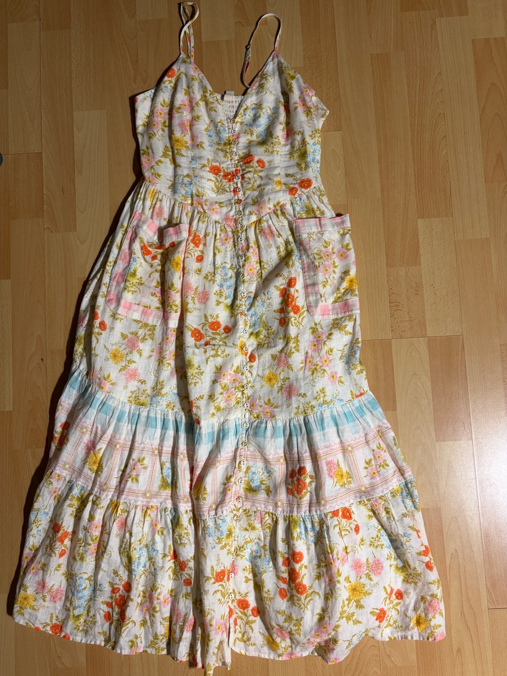 Spell Flora Linen Midi Dress Patch Pockets Large Cottage Whimsical‎ - Picture 8 of 16